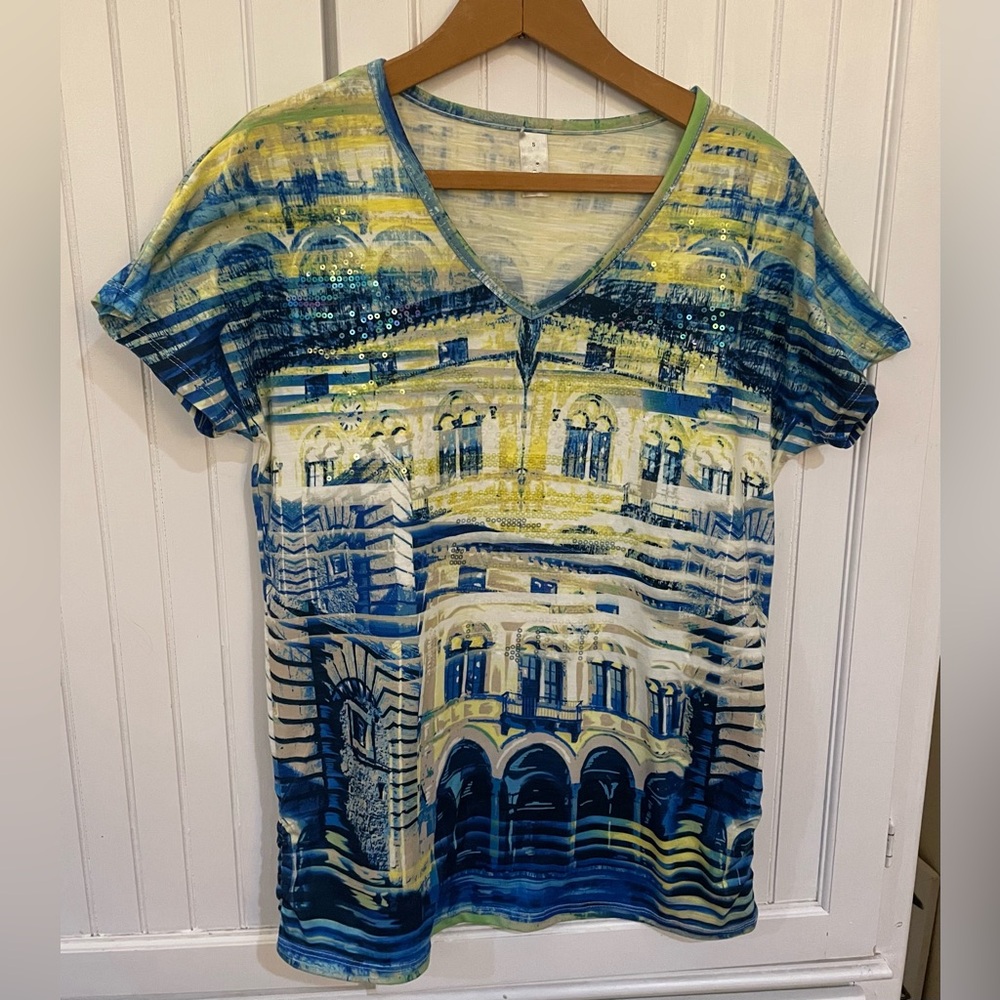 Thomas & Olivia Blue & White Short Sleeve Blouse - Size Small